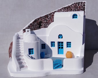 Grothuis - Santorini - Handgesneden traditioneel Grieks eiland architectonisch model met natuurlijke lavastenen