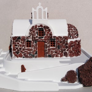 Volcanic church - Santorini - Natural stone handcarved illuminated traditional Greek architectural church model