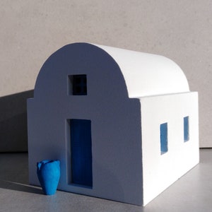 Blue and White house 1 - Santorini - Handcarved traditional Greek house architectural model