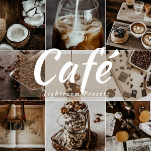 May include: A collage of images with a cafe theme. Includes coffee, pastries, and ingredients like coconut and coffee beans. The word "Cafe" is displayed in a large, stylized font, with "Lightroom Presets" below it.