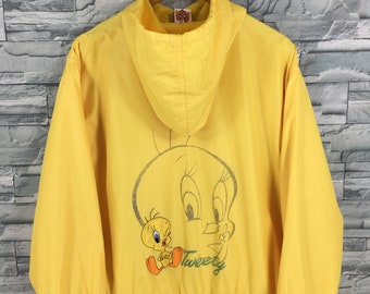 Tweety Looney Tunes Cartoon Windbreaker XLarge Vintage 90/'s Tweety Warner Bros Pullover Yellow Jacket Size XL