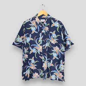 Vintage Reyn Spooner Hawaiian Traditionals Tropical Shirt Large Flower Printed Hawaii Sunwear Tiki Honolulu Surf Blue Rayon Shirt Size L