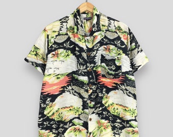 Camisa vintage hawaiana con vista a la playa y palmeras, talla M, estilo años 90, Tiki Honolulu, verano, Hawaii, con sobreestampado, Surf Aloha Tropical, botones, talla M