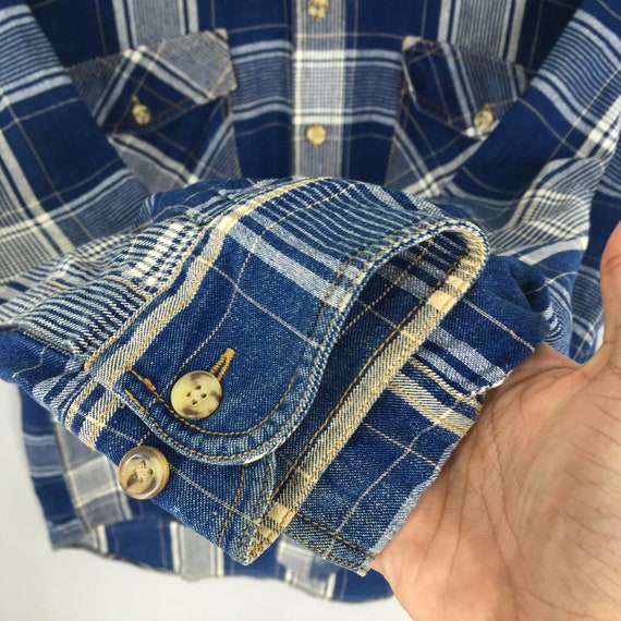 Vintage 80's Tartan Checked Flannel Blue Shirt Me… - image 4