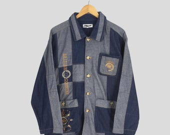 Vintage Bonskip Patchwork Jeansjacka Labor Medium Amerikansk Arbetarjeansjacka Herrkläder Brittisk Lantlig Broderad Kappa Storlek M