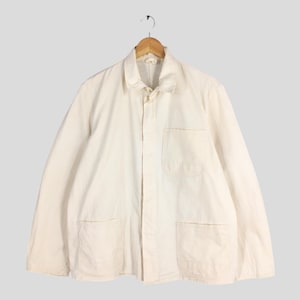 Vintage 1980&#39;s Herringbone Twill HBT French Work Jacket Large Workwear Frenchwork Sanforized Cotton Workers White Laboureur Workers Coat L