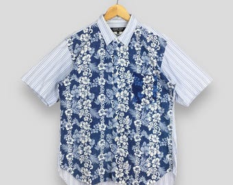 Vintage Comme Des Garcons Hombres Flor Rayas Azul Oxfords Camisa Homme Deux Junya Watanabe CDG Homme Rei Kawakubo Camisa de botón a rayas Tamaño M