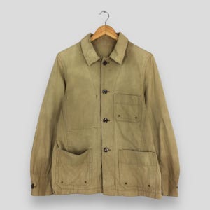 Vintage 70s Workwear Dan Gente French Work Herringbone Jacket Medium 80s Sanforized HBT Chore Worker Beige Military Union Made Cotton Coat M