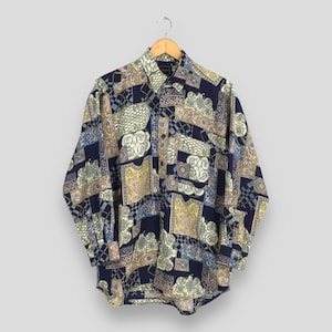 Vintage Novelty Baroque Floral Pop Art Polyester Shirt Medium Retro Abstract Casual Floral Paisley Psychedelic Button Down Oxfords Size M