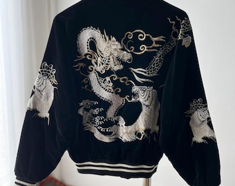 Vintage Sukajan Dragon Velvet Black Bomber Jacket Large 1980