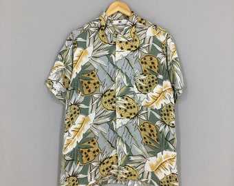 Vintage 90s Aloha Wear Island Printed Shirt Medium Hawaii Overprint Japan Pineapple Floral Leaves Button Up Tropical Rayon Shirt Size M