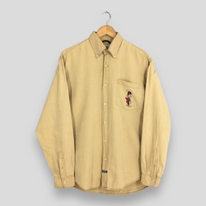 Vintage JC De Castelbajac Brown Oxfords Large Jean Charles Castelbajac Italy Woody Woodpecker Cartoons Haftowana koszula z guzikami Rozmiar L