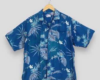 Camicia vintage anni '70 con fiori di ibisco e foglie tropicali delle Hawaii, stile isolano, taglia grande, in rayon con bottoni, stile Aloha Beach, Honolulu, Guam, surf, taglia L