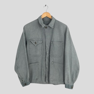 Vintage 1970s French Work Swiss Salt and Pepper Jacket Medium 60&#39;s Frenchwork Sanforized European HBT Cotton Herringbone Twill Button Coat M