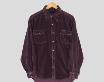 Camisa vintage Visby dos anos 80, lisa, em veludo roxo, tamanho G (L), estilo western rústico, flanela macia, veludo cotelê, flanela aveludada, estilo preppy.