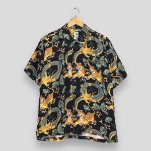 Vintage Haifisch japanisches Dschungel Jungle Shirt Sturmdrache Oversize 1980s Sukajan Japan Dragon Aloha Beachwear Tropisches Shirt Button Up Größe L
