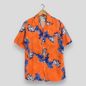 Vintage Hawaiian Raijin Devil Japan Dragon Shirt Small 1980s Retro Japanese Sukajan Evil Japan Sun Surf Aloha Rayon Orange Shirt Size S