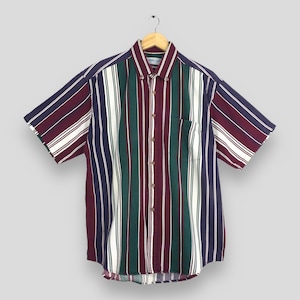 Vintage Multicolor Stripes Flannel Shirt Large 90&#39;s Men&#39;s Casual Shirt Green Red Striped Oxfords Casual Retro Flannel Button Up Shirt Size L