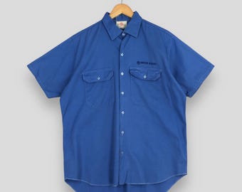 Vintage 50's King Gee Blue Uniforms Work Shirt Large Workers Sanforized Frenchwork Short Sleeve Workwear Men 60s Button Down Cotton Shirt L