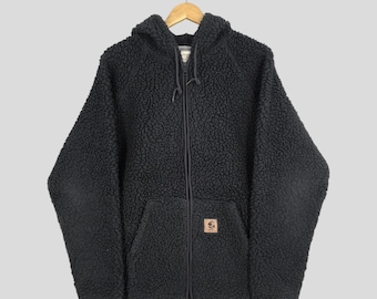 Chaqueta con capucha Carhartt Sherpa vintage talla L, suéter Carhartt negro grueso de forro polar con cremallera, ropa urbana para abrigarse, chaqueta Carhartt de pelo largo talla L