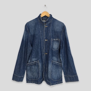 Vintage 90&#39;s Big Shark Denim Workers Blue Jeans Jacket Large Men Workwear Style Casual Union Made Retro Coats Faded Jeans Jacket Size L