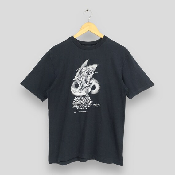 Vintage M.C. Escher Dragon Artwork Black T Shirt Medium Pop Art 