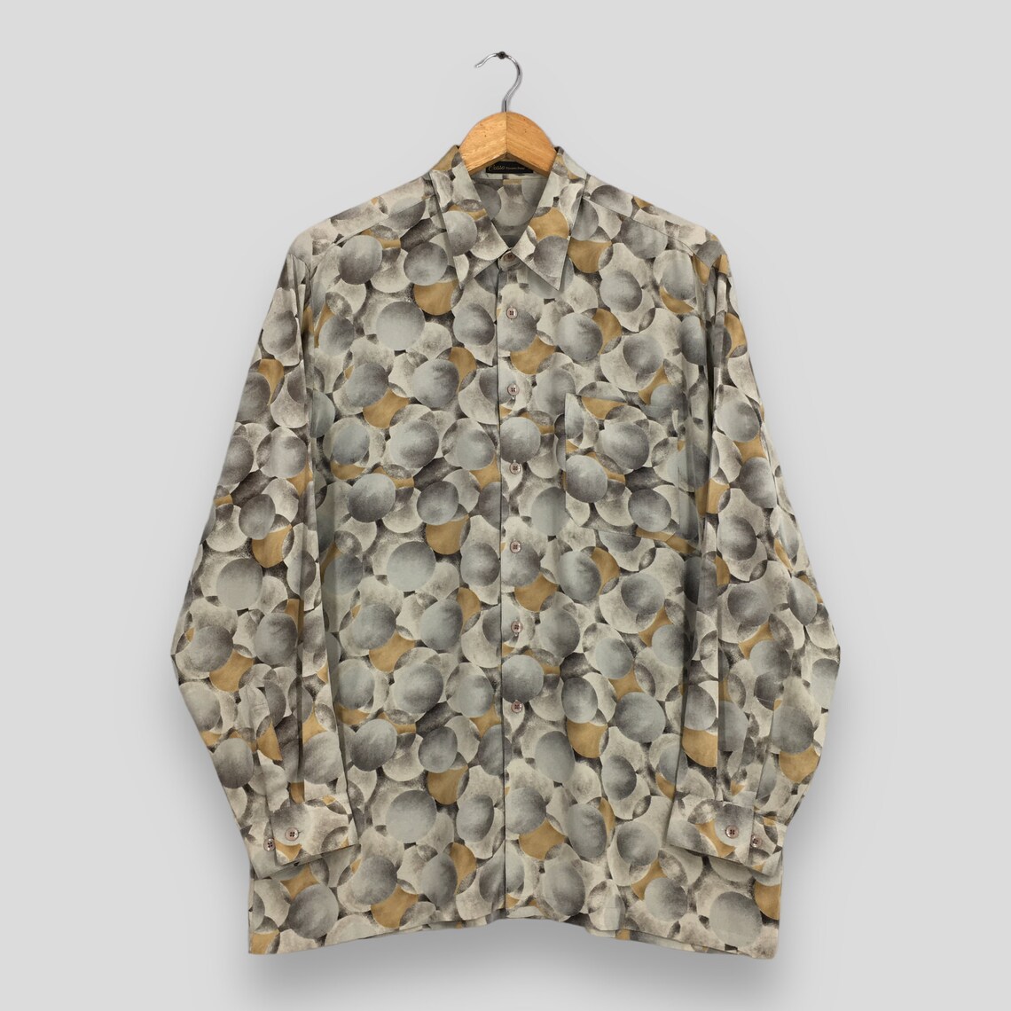 Vintage Cosso Japan Retro Abstract Artwork Psychedelic Geometrical Abstract Pattern Polyester Shirt Large Men's Party Disco Oxfords Size L, foto 1 di 5