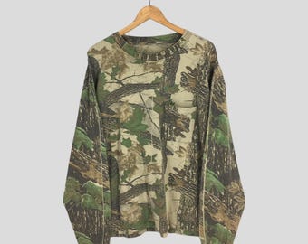 Vintage 90s Mossy Oak Tree Camo Long Sleeve Tshirt 2XLarge Brown Camouflage Real Tree Pattern Hunting Outdoor Jerzees Pocket Tees Size 2XL