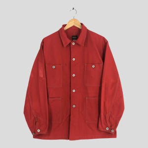 Vintage Salty Dog Japanese Workwear Jeans Jacket Large Distressed Faded Chore Workers Denim Red Men Jacket Multi Pocket Coat Button Size L
