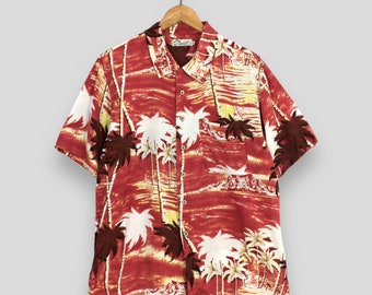 Vintage 1980s Hawaiian Aloha Coconut Tree Shirt Large Tropical Hawaii Surf Beach Wear Surfing Rayon Red Tiki Island Button Up Size L