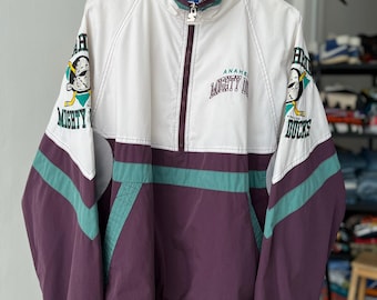 Vintage Anaheim Mighty Ducks NHL Windbreaker Jacket XLarge Anahaeim Ducks Embroidered Starter Jacket Multicolor Ducks Ice Hockey Half Zip XL