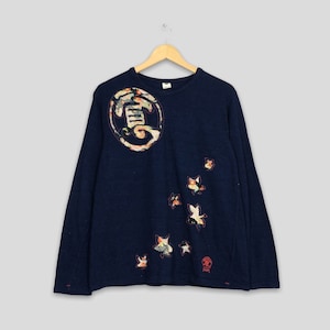 Vintage Eternal Japan Indigo Blue Tshirt Small 90s Eternal Japanese Cherry Blossom Sakura Denim Blue Longsleeve Tees Size S