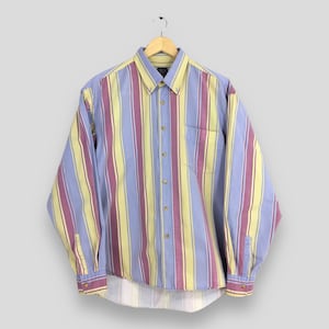 Vintage Multicolor Stripes Flannel Shirt Large 90&#39;s Colorful Retro Western Striped Oxfords Casual 80s Flannel Button Up Shirt Size L