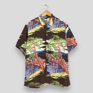 Vintage Sun Surf Hawaii Japanese Culture Sakura Rayon Shirt Medium 1940s Togetsukyo Bridge Japan Tiki Aloha Tropical Button Shirt Size M