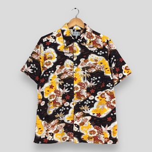 Vintage Nepuca Aloha Wear Rayon Floral Shirt Medium 80&#39;s Multicolor Tropical Floral Leaves Japanese Retro Surf Wear Hawaii Button Up Size M