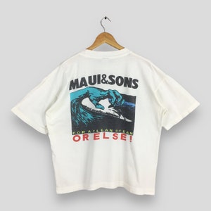 Vintage 90&#39;s Maui & Sons Beach Wear Surfing T shirt XLarge For A Clean Ocean Wave Maui Surfboarding Shirt Beach Surfer White Tee Size XL