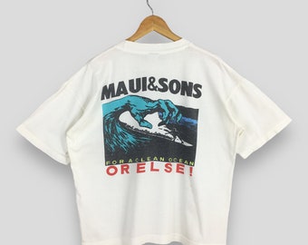 Vintage des années 90 Maui & Sons Beach Wear surf T shirt XLarge pour une vague propre de l'océan Maui surf shirt Beach Surfer White Tee taille XL