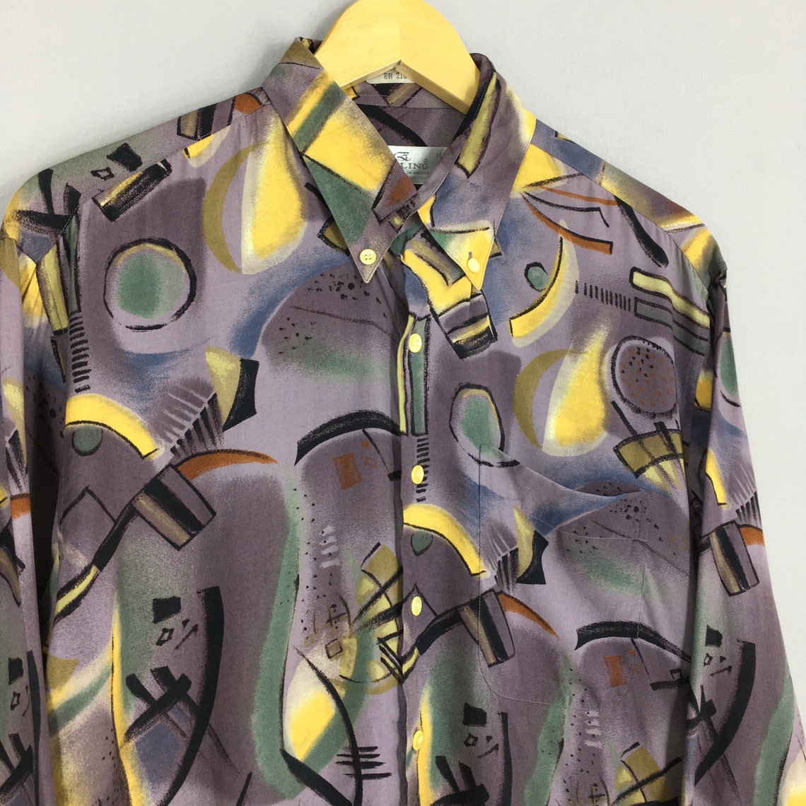 Vintage 1990's Abstract Pattern Rayon Shirt Medium Pop Art Funky Artwork Party Psychedelic Multicolor Artist Retro Button Down Oxford Size M, foto 3 di 5
