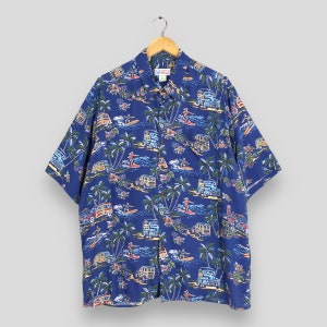 Vintage Hawaii Reyn Spooner Beach Party Aloha Shirt XLarge Hula Girl Beach Hawaiian Traditional Palm Tree Beach Wear Rayon Button Up Size XL