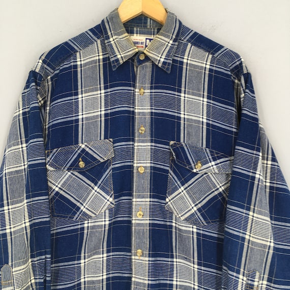 Vintage 80's Tartan Checked Flannel Blue Shirt Me… - image 2