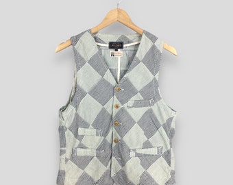 Vintage balken Japan geruite patchwork vest jas kleine retro balken vrijetijdskleding mouwloos balken knop vest jas maat S