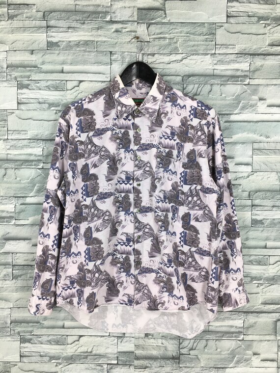 Vintage Long Lagoon Button Up Abstract Cotton Shirt Large Pop Art Multicolor Geometric Art Baroque Novelty Party Oxfords Size L