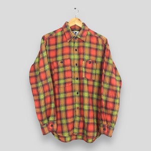 Engineered Garments Japan Plaid Shadow Flannel Shirt Small Red Orange  Tartan Checkered Casual Wear Button Down 80s Multicolor Shirt Size S