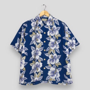 Vintage Glove House Japan Hawaiian Hibiscus Flower Tropical Hawaii Shirt Medium Aloha Tiki Guam Beach Party Sunwear Rayon Button Up Size M
