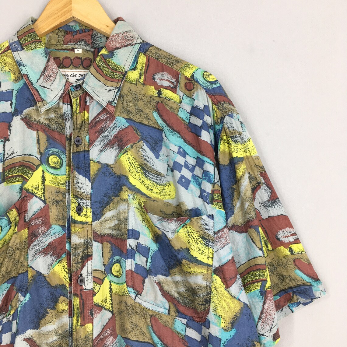 Vintage Psychedelic Abstract Aloha Silk Shirt Large Abstract Pattern Pop Art Beach Hawaii Surf Shirt Menswear Summer Button Up Size L, foto 2 di 5