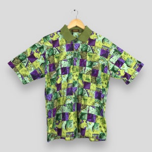 Vintage 90&#39;s Aramis Abstract Pop Art Polo Shirt Large Aramis Plaid Abstract Men Multicolor Casual Wear Men&#39;s Green Polo Shirt Size L