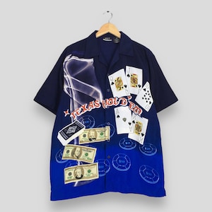 Camicia vintage anni '90 King Casino Texas Hold'em, taglia media, American Texas Casino Royal Poker Game Card Streetwear, con bottoni, Las Vegas, taglia M