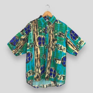 Vintage Hawaiian Abstract Art Silk Multicolor Shirt Medium Beach Vacation Shirt Summer Surf Neon Green Button Down Surf Wear Aloha Size M