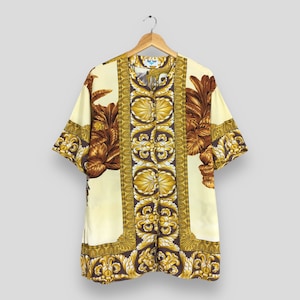 Vintage Royalty Baroque Viscose Shirt Large Designer Pop Art Novelty Baroque Casual Oxfords Gold Chain Luxury Button Up Size L