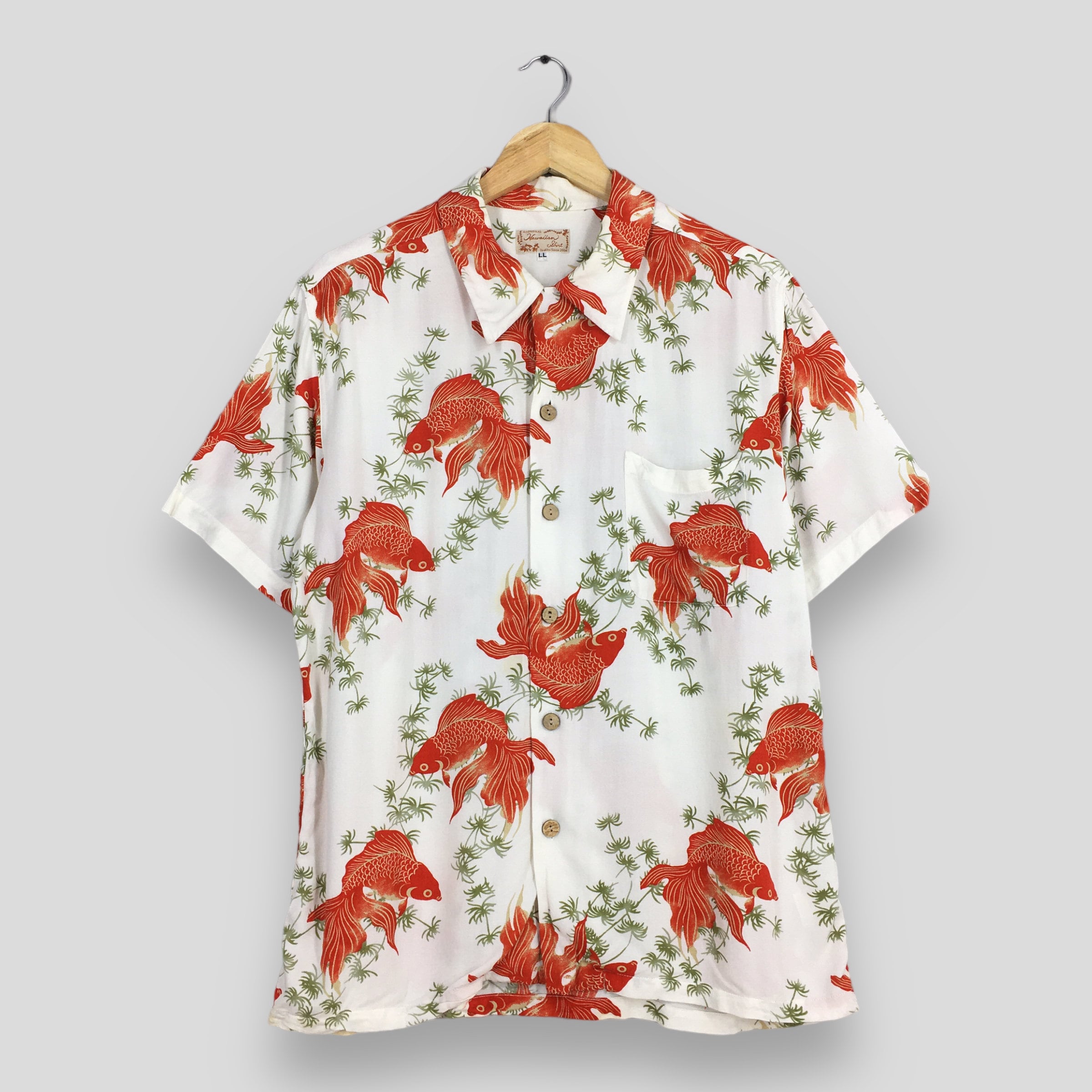 Vintage 90s Hawaiian Japanese Gold Fish Rayon Shirt Large Hawaii Beach Wear Tropical Sun Surf Aloha Hula Girl Tiki Shirt Button Up Size L